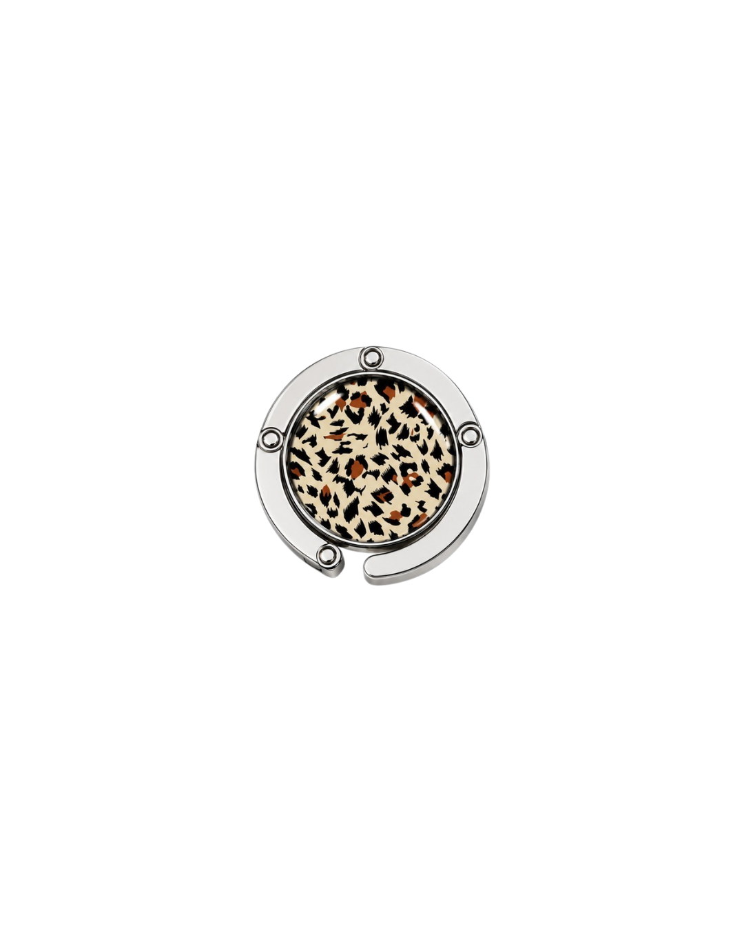 ATORI After Hours circular silver-toned metal handbag hook accessory with a leopard print design, shown on a plain white background.