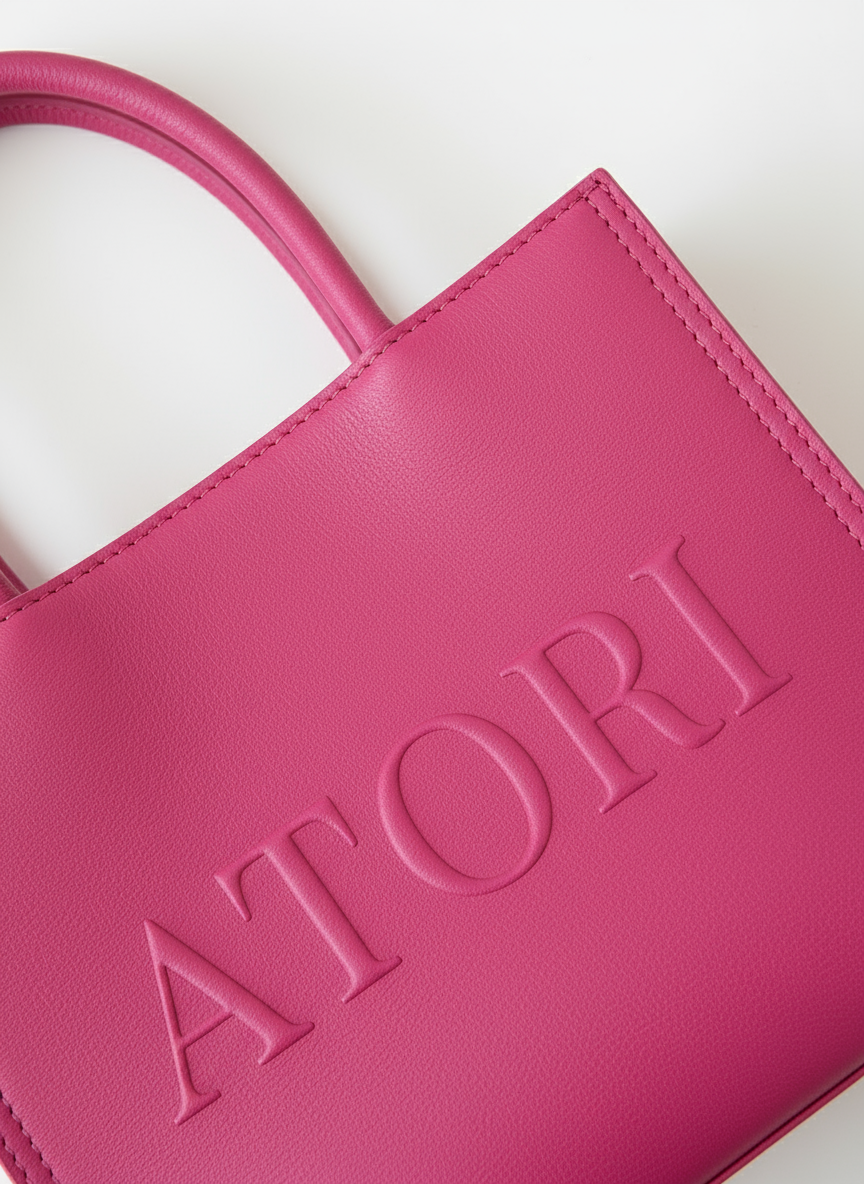 Pink handbag with 'ATORI' branding on a light background
