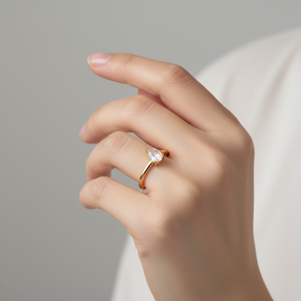 Caucasian woman's hand wearing an ATORI Lumini clear teardrop gemstone gold plated adjustable ring with a clear gemstone on a neutral background