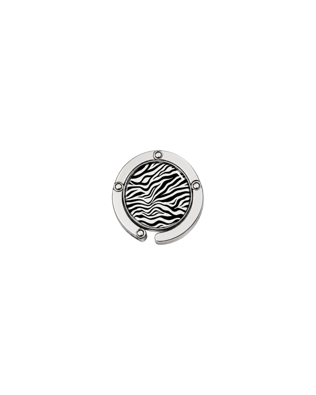 ATORI Main Character Energy circular silver-toned metal handbag hook accessory with a zebra print design, shown on a plain white background.