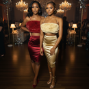 Two women in glamorous outfits standing in a decorated room with chandeliers.