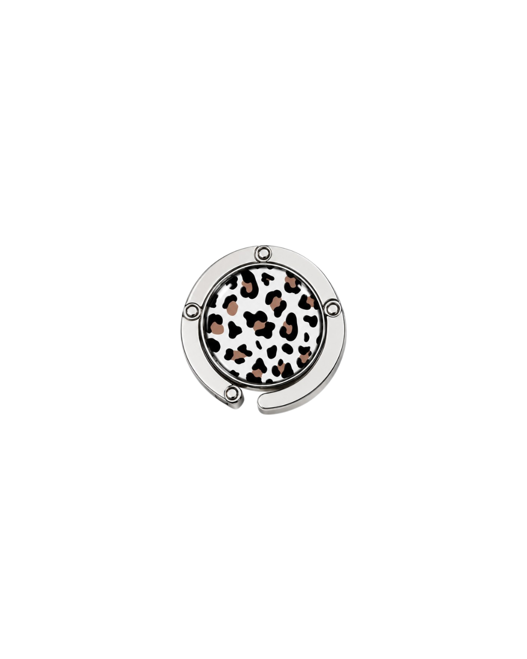 ATORI Unbothered circular silver-toned metal handbag hook accessory with a leopard print design, shown on a plain white background.