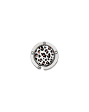 ATORI Unbothered circular silver-toned metal handbag hook accessory with a leopard print design, shown on a plain white background.