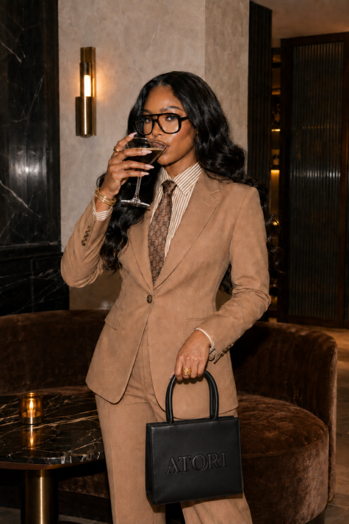A woman in a tan suit and striped shirt holds a black ATORI Carrie Tote black handbag while drinking from a glass in an elegant indoor setting.