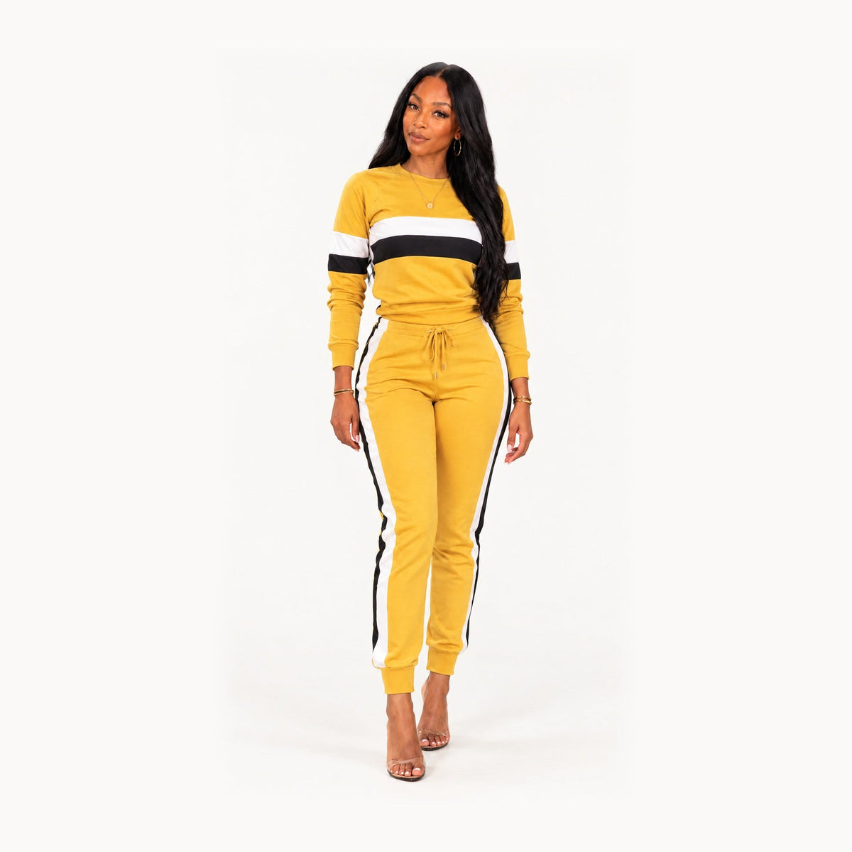Charae Contrast Mustard Black & White Striped Two Piece Set