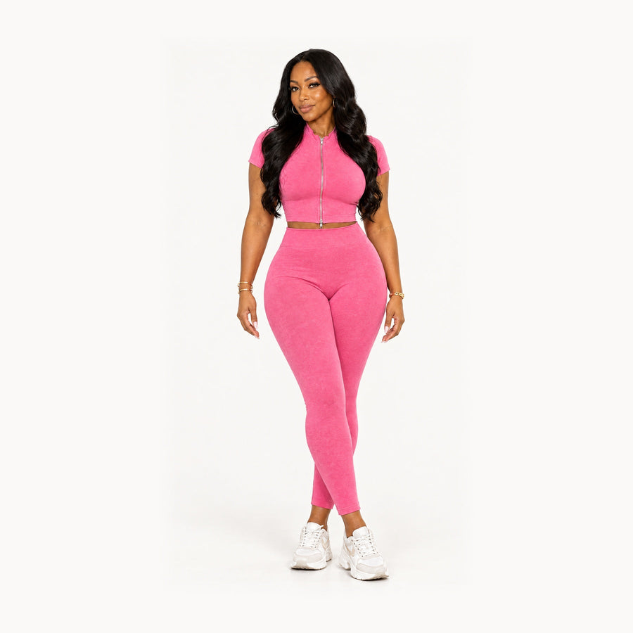 Sloane Acid Wash Legging Set in Statement Pink, full-length studio view with head and shoes visible.
