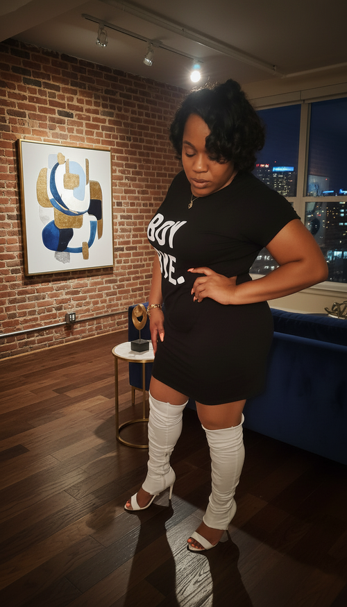 Boy Bye Black T-shirt Dress shown in an alternate styling side view.