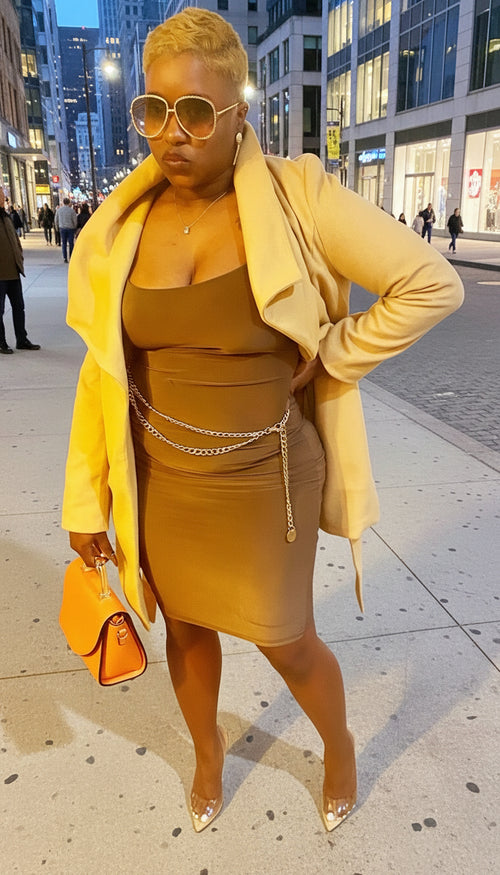 Double Take Brown Midi Dress shown from an angled front view.
