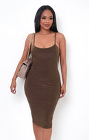 Brown stretch midi dress shown from the front.