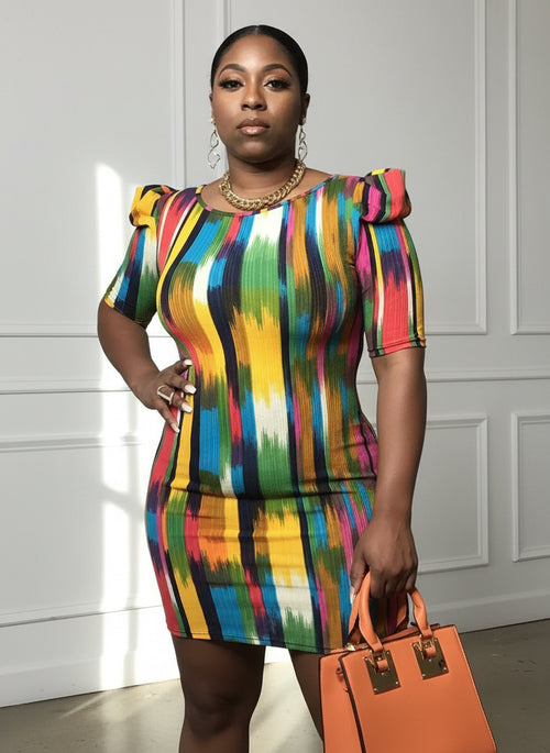Multicolor Giselle mini dress with power shoulders and three-quarter sleeves, front view.