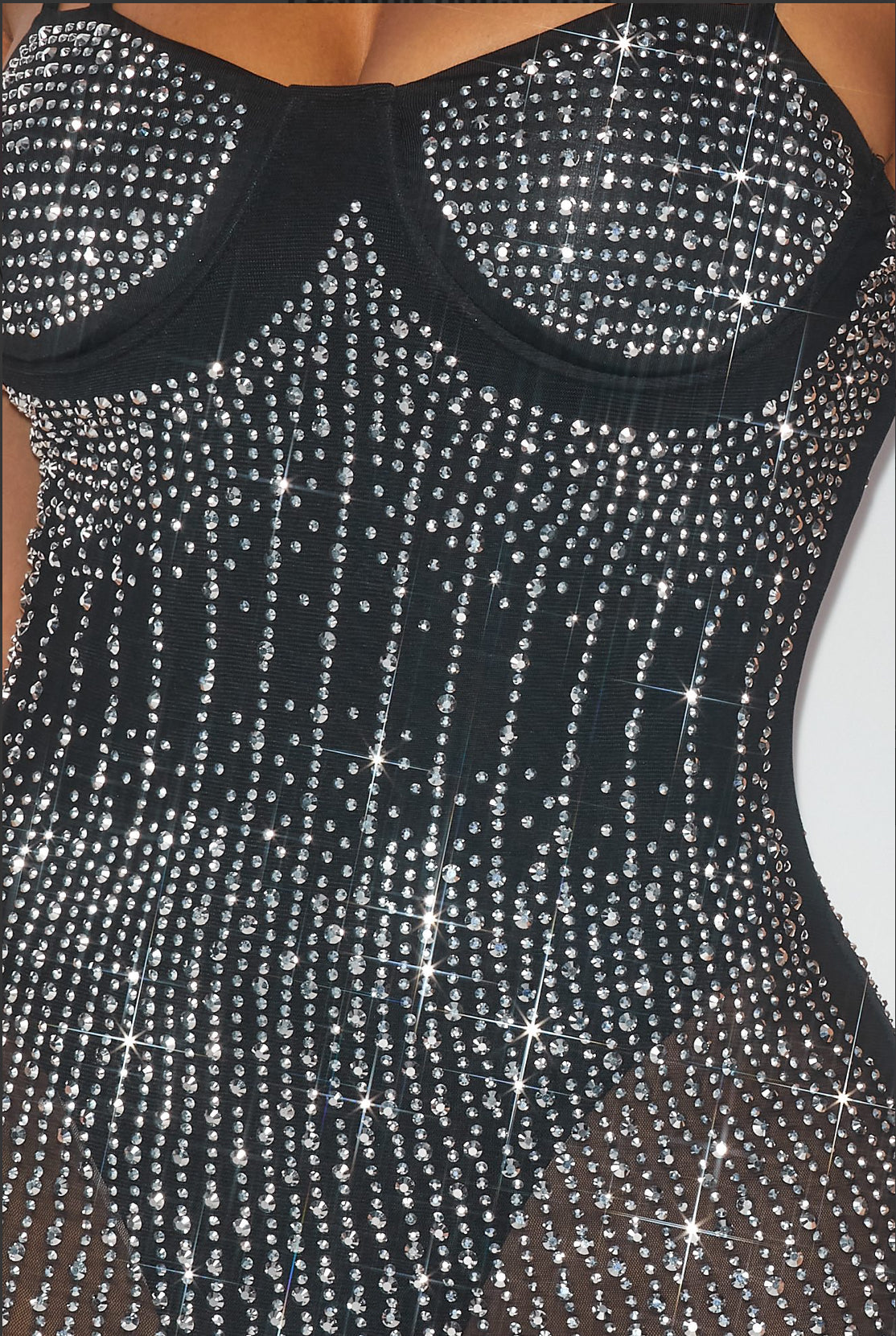 Black sheer rhinestone midi dress with thin straps and low neckline, front view.